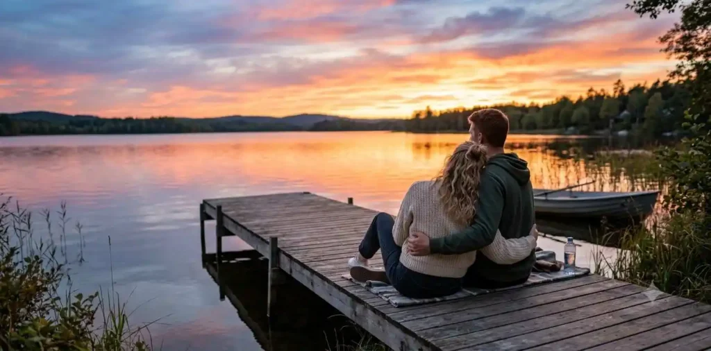 Couple watching sunset by quiet lake