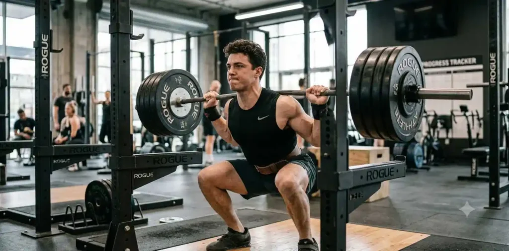 Athlete lifting weights with determined focus