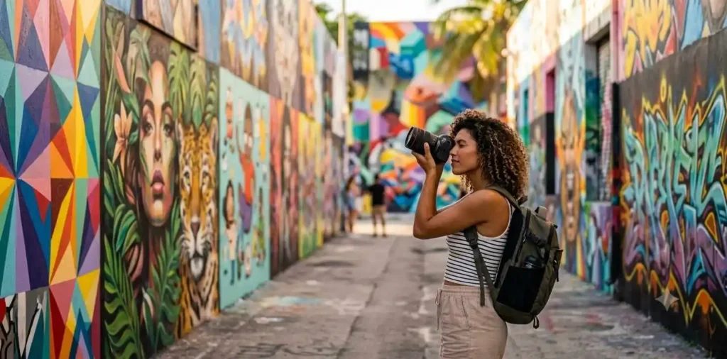 Traveler exploring Miami street murals