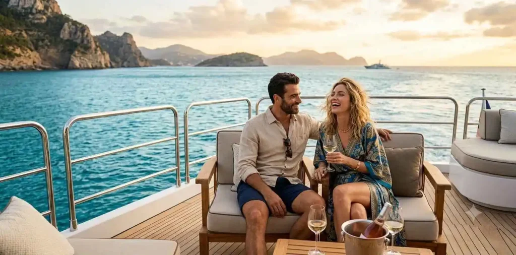 Couple relaxing aboard luxury yacht