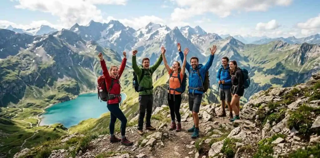 Friends hiking through scenic mountain landscape