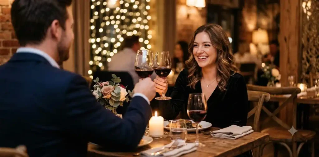 Couple enjoying an intimate anniversary dinner