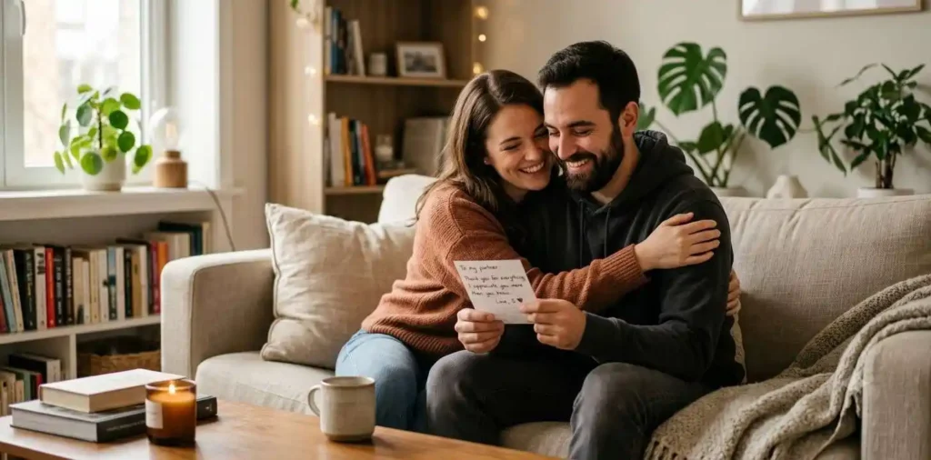 Couple sharing a thoughtful moment at home