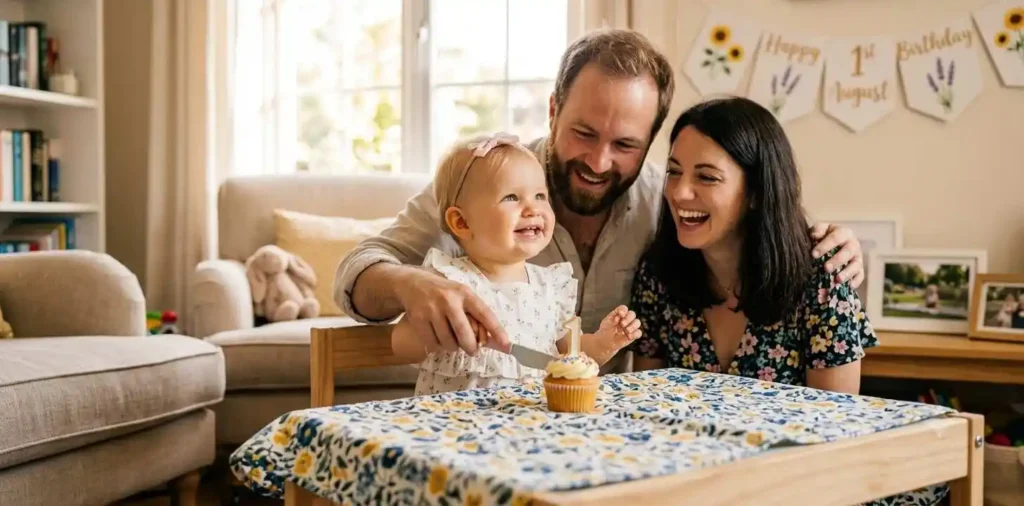 Baby smiling in cake cutting