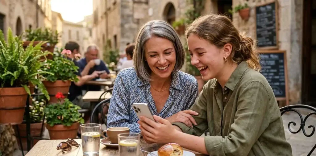 Aunt and niece laughing together outdoors