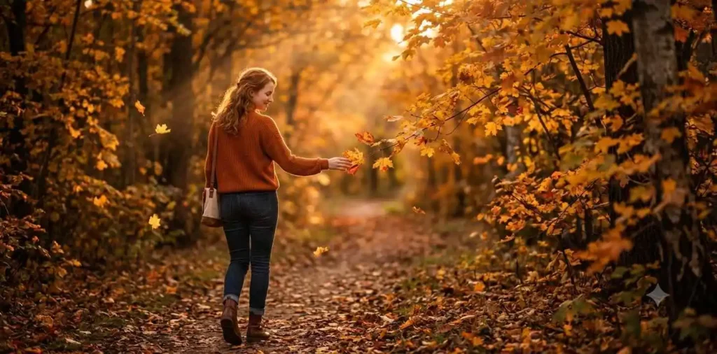 Woman watching autumn sunset among falling leaves