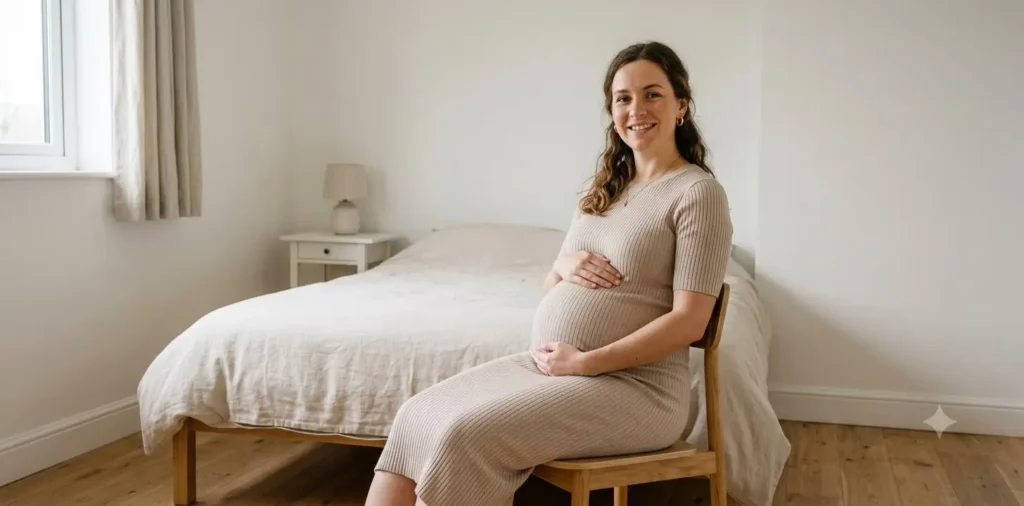 Pregnant woman gently holding her baby bump