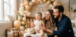 Baby celebrating first birthday with loving parents
