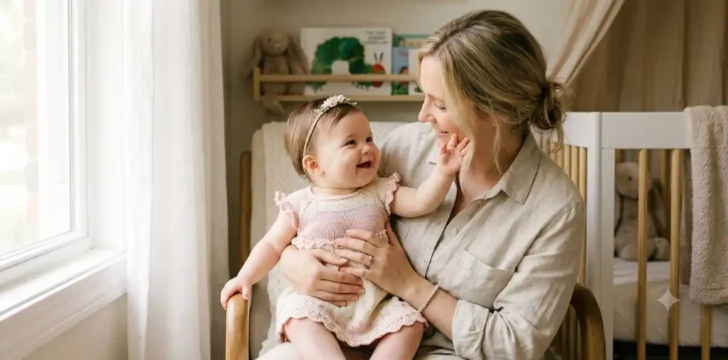 Baby girl smiling in her mother's arms