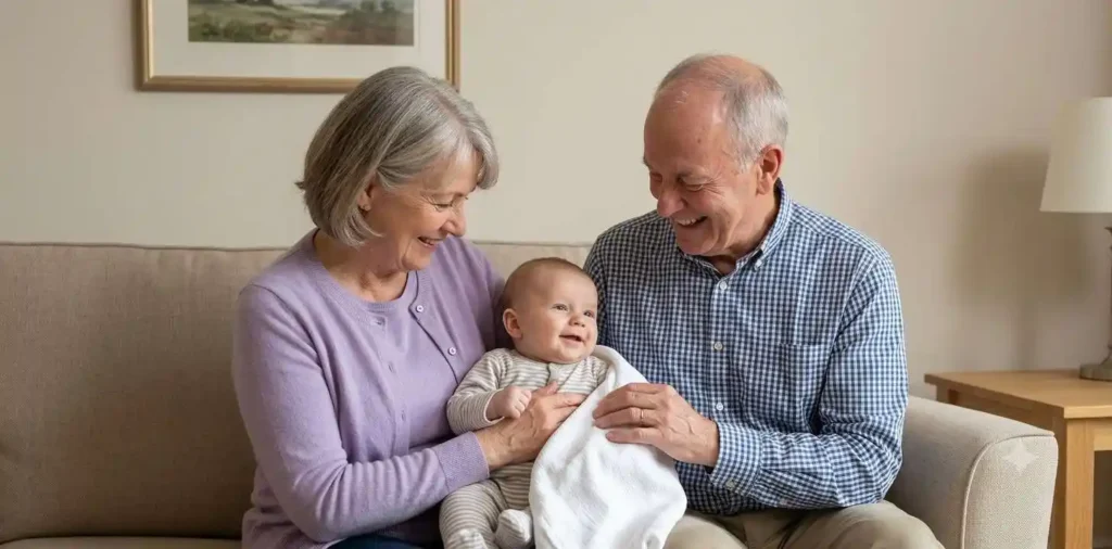 Grandparents cuddling their baby grandchild indoors