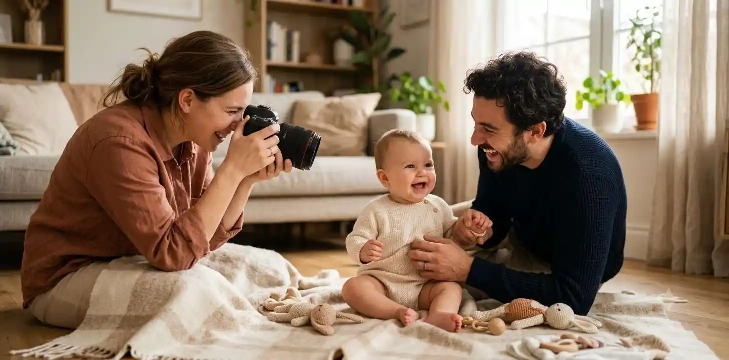 Parents photographing their smiling baby at home