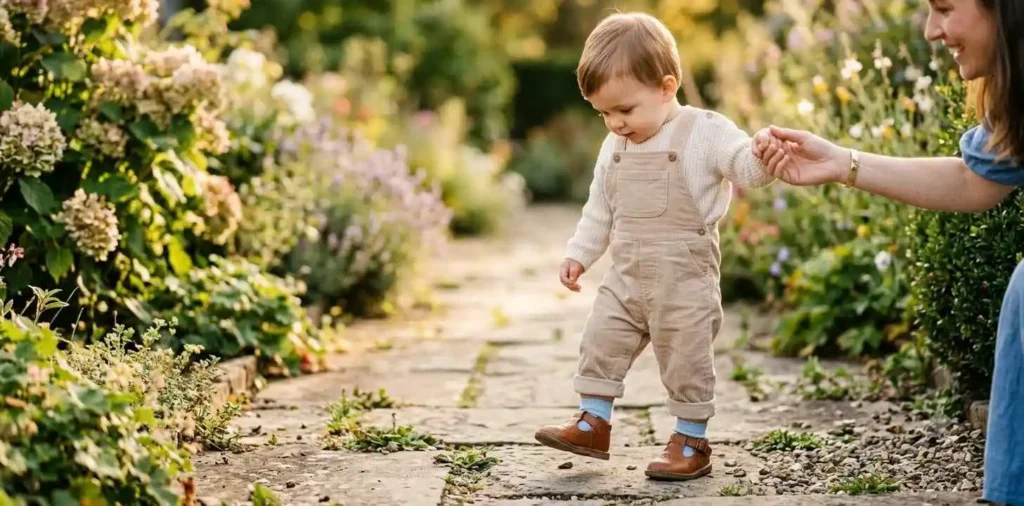 Toddler wearing tiny shoes while learning to walk