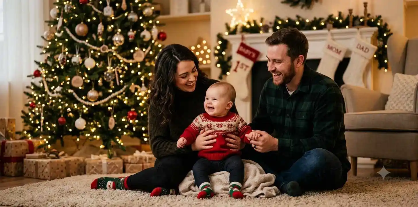 Baby celebrating first Christmas with loving parents