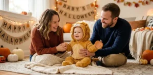 Baby celebrating first Halloween with parents