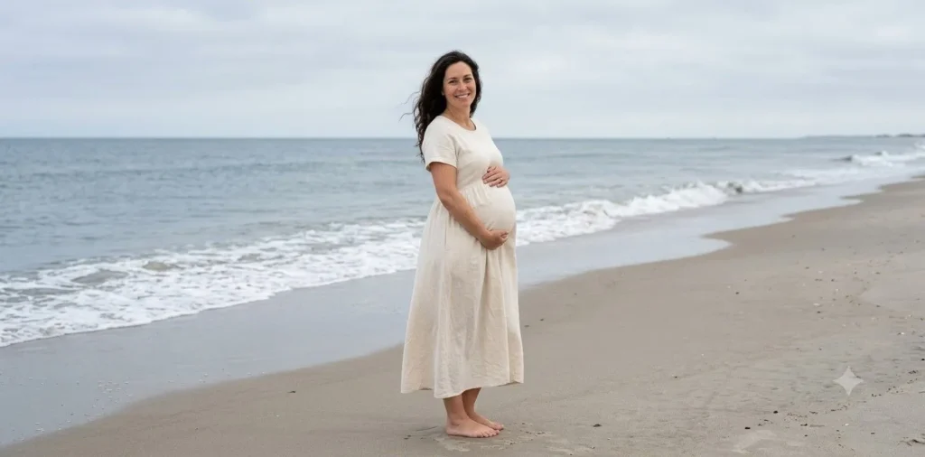 Pregnant woman standing beside calm ocean waves