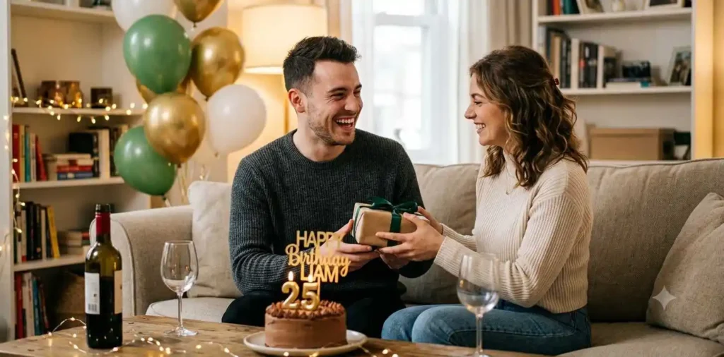 Couple celebrating a romantic birthday surprise