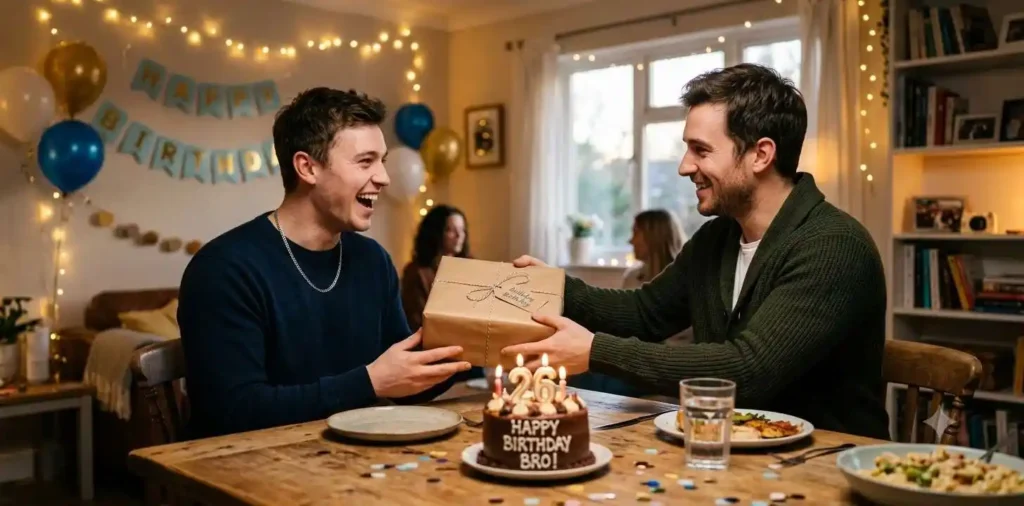 Brothers celebrating birthday together indoors