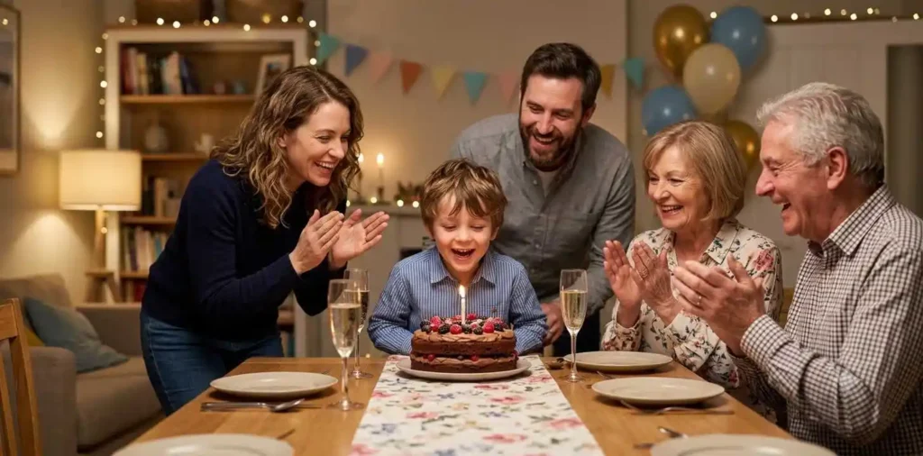 Family celebrating birthday together around cake