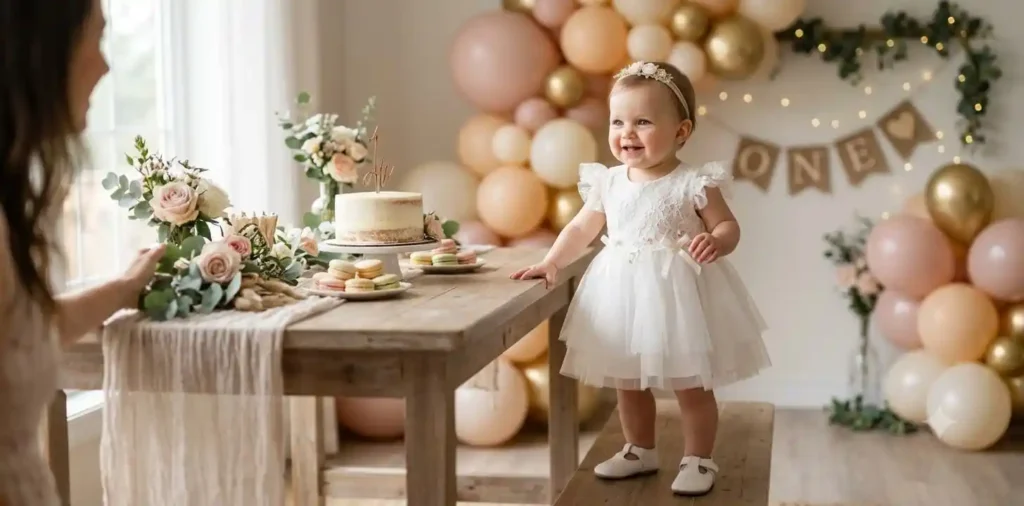 Baby wearing a cute first birthday outfit