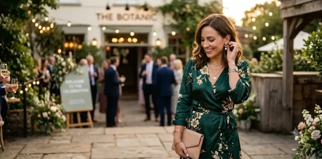 Woman showing stylish birthday outfit outdoors