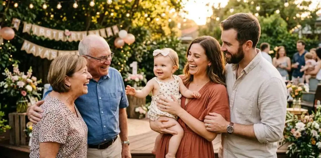 Family celebrating baby's first birthday together