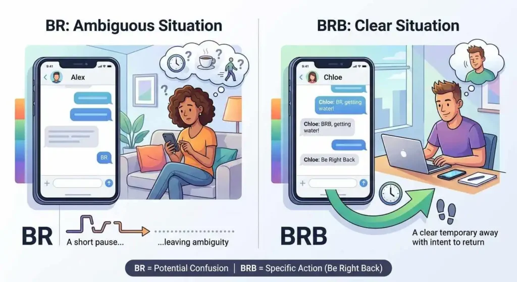 Comparison showing the ambiguity of BR versus the clearer meaning of BRB in texting.