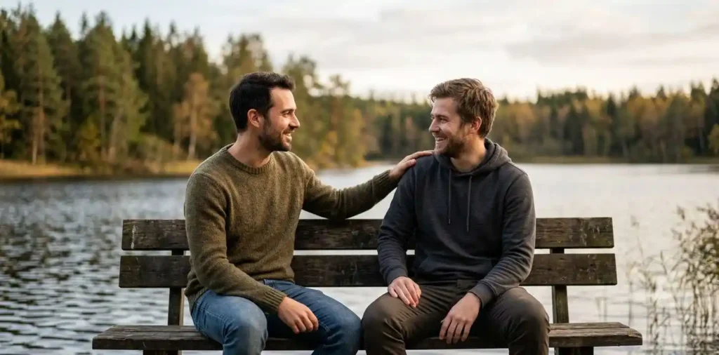 Brothers sharing a heartfelt moment outdoors
