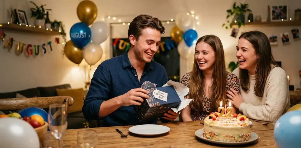 Brother smiling while opening birthday gifts