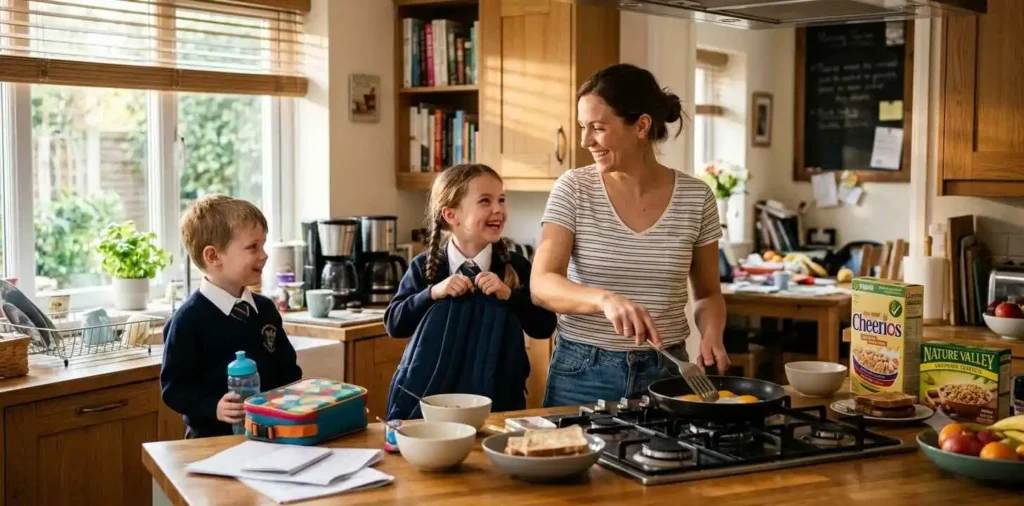 Mother multitasking while caring for children