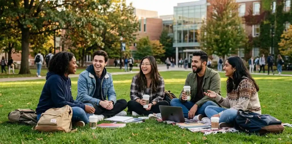 College friends relaxing together on campus
