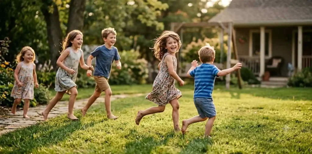 Cousins laughing together during a childhood memory