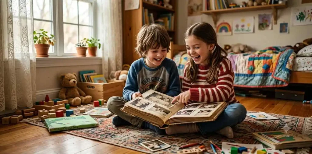 Brother and sister playing together as children