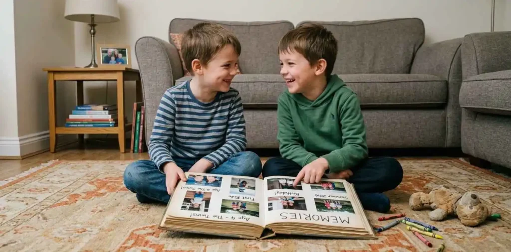 Twin brothers sharing a playful childhood memory