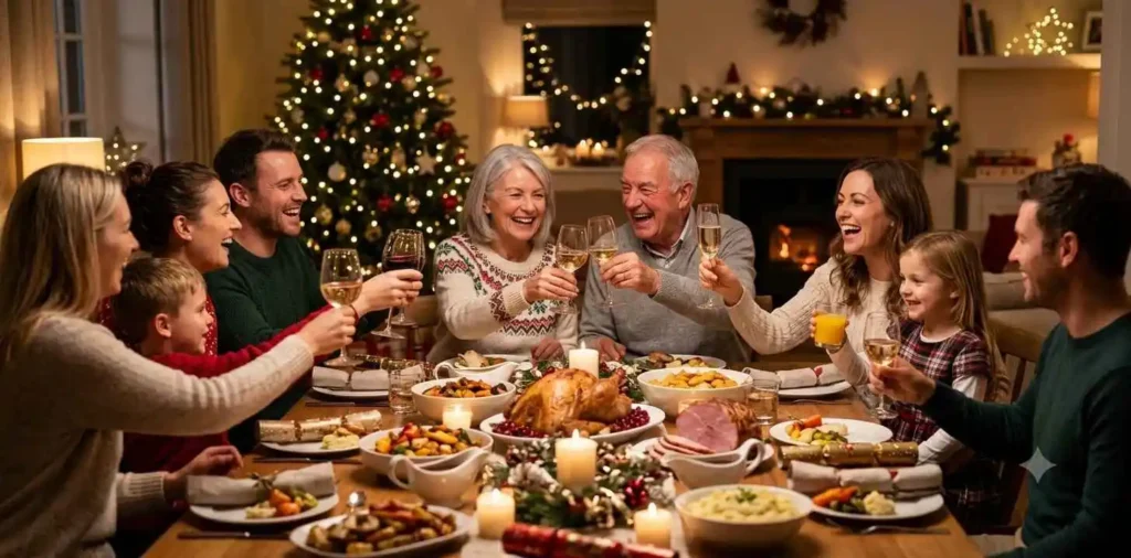 Family celebrating Christmas dinner around festive table