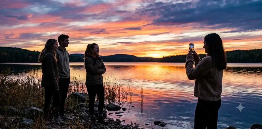 Friends photographing colorful sunset over the lake