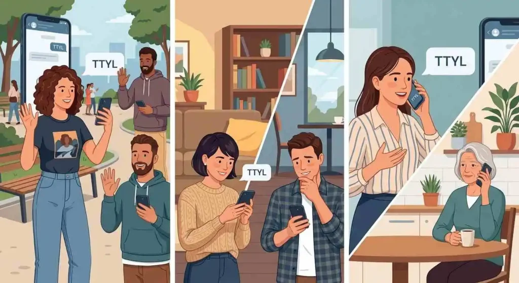 Adults using TTYL in conversations with friends, family, and a dating connection.