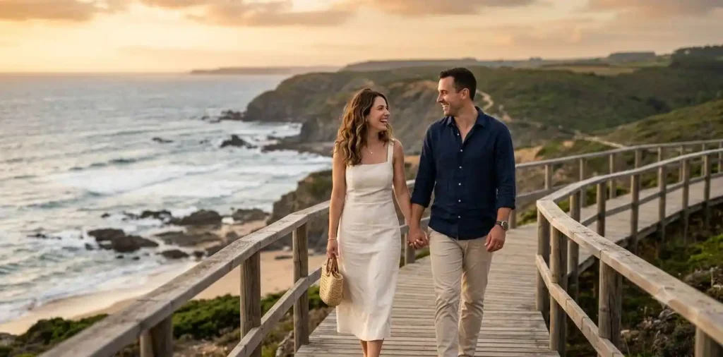 Couple enjoying a romantic seaside vacation