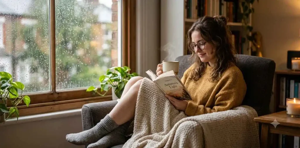 Woman relaxing with coffee on September morning