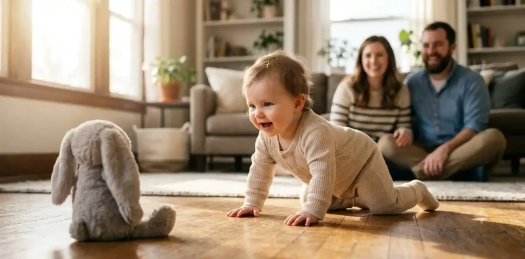Baby crawling across living room toward parents