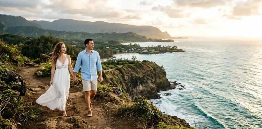Newlywed couple exploring a scenic tropical destination