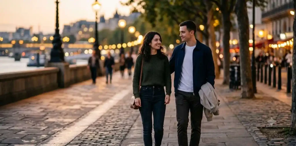 Couple sharing a tender first date moment