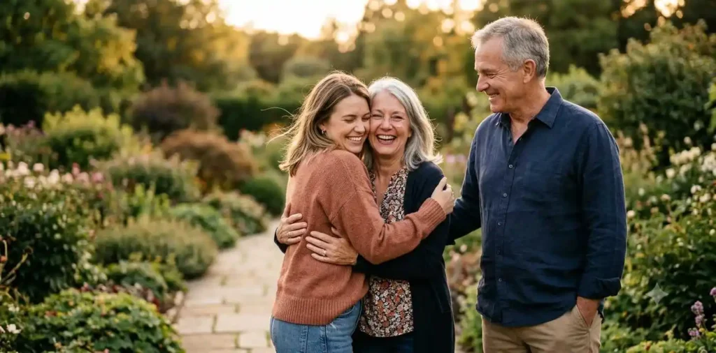 Adult daughter hugging her mother and father