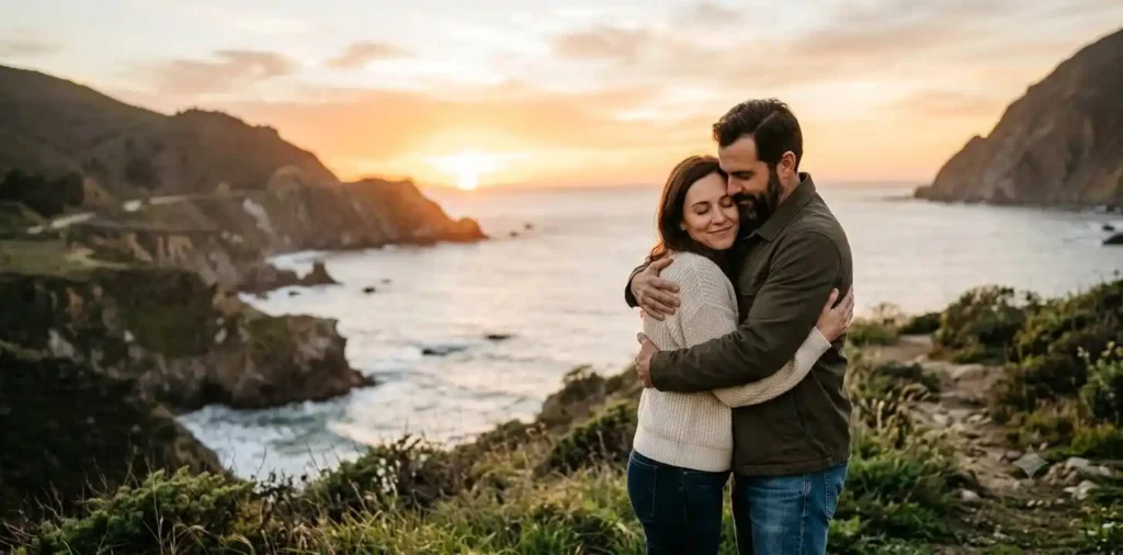 Married couple sharing a heartfelt sunset moment