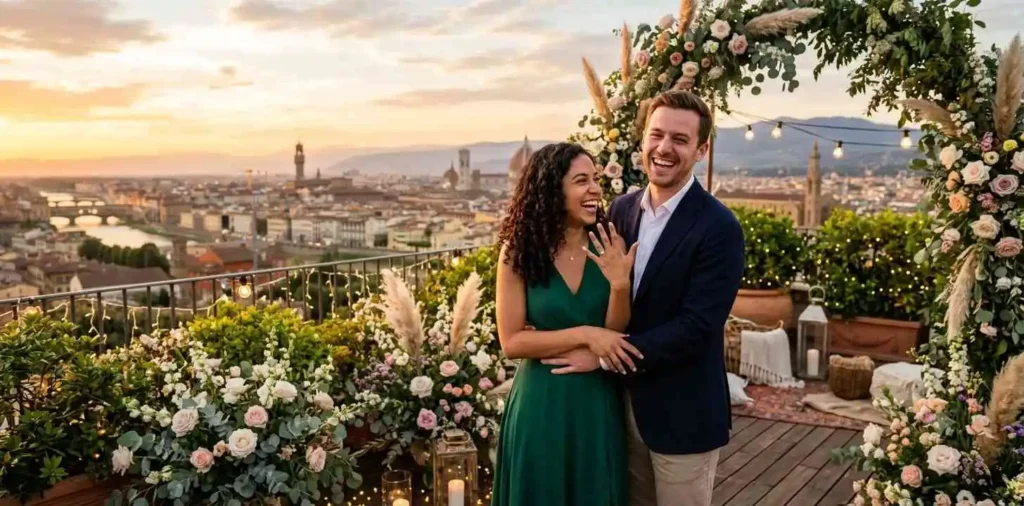 Couple celebrating engagement with ring and smiles