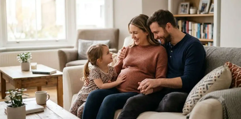 Family embracing pregnant mother at home