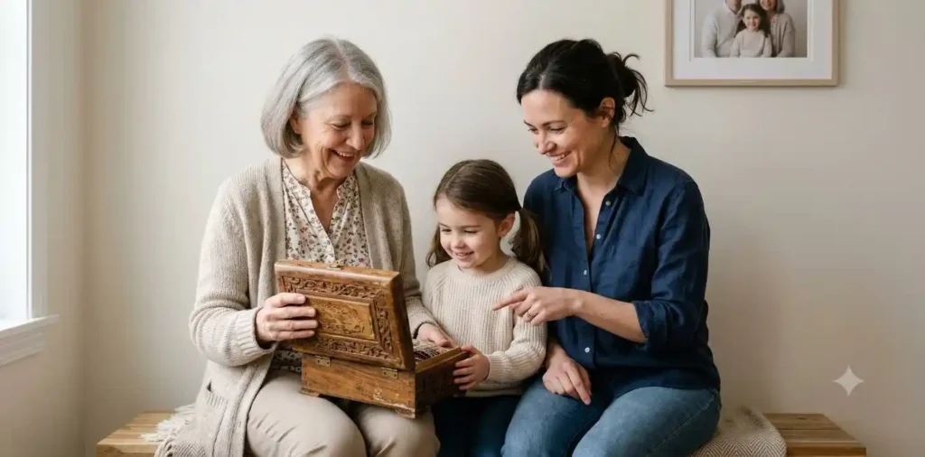 Family sharing a meaningful heritage tradition indoors