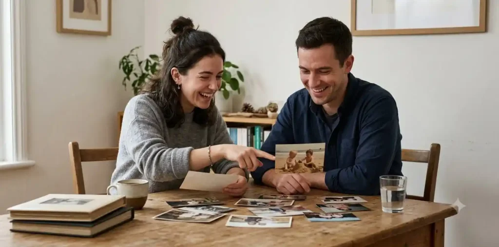 Siblings looking through an old family photo album