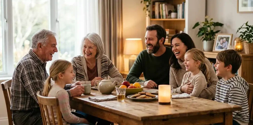 Family laughing together during a cozy gathering