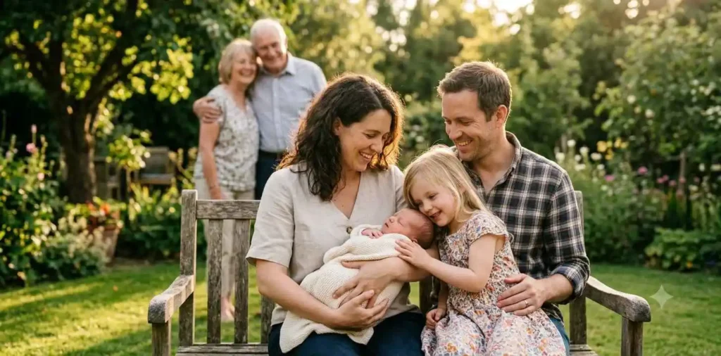 Family gathered around their newborn baby
