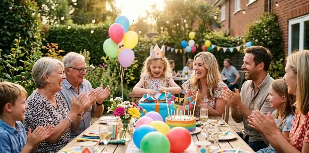 Family celebrating birthday together at home